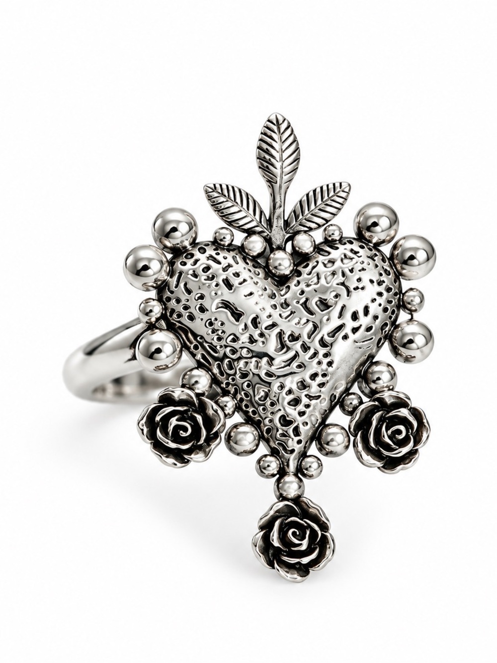 Sterling Silver Heart Floral Ring - Silver